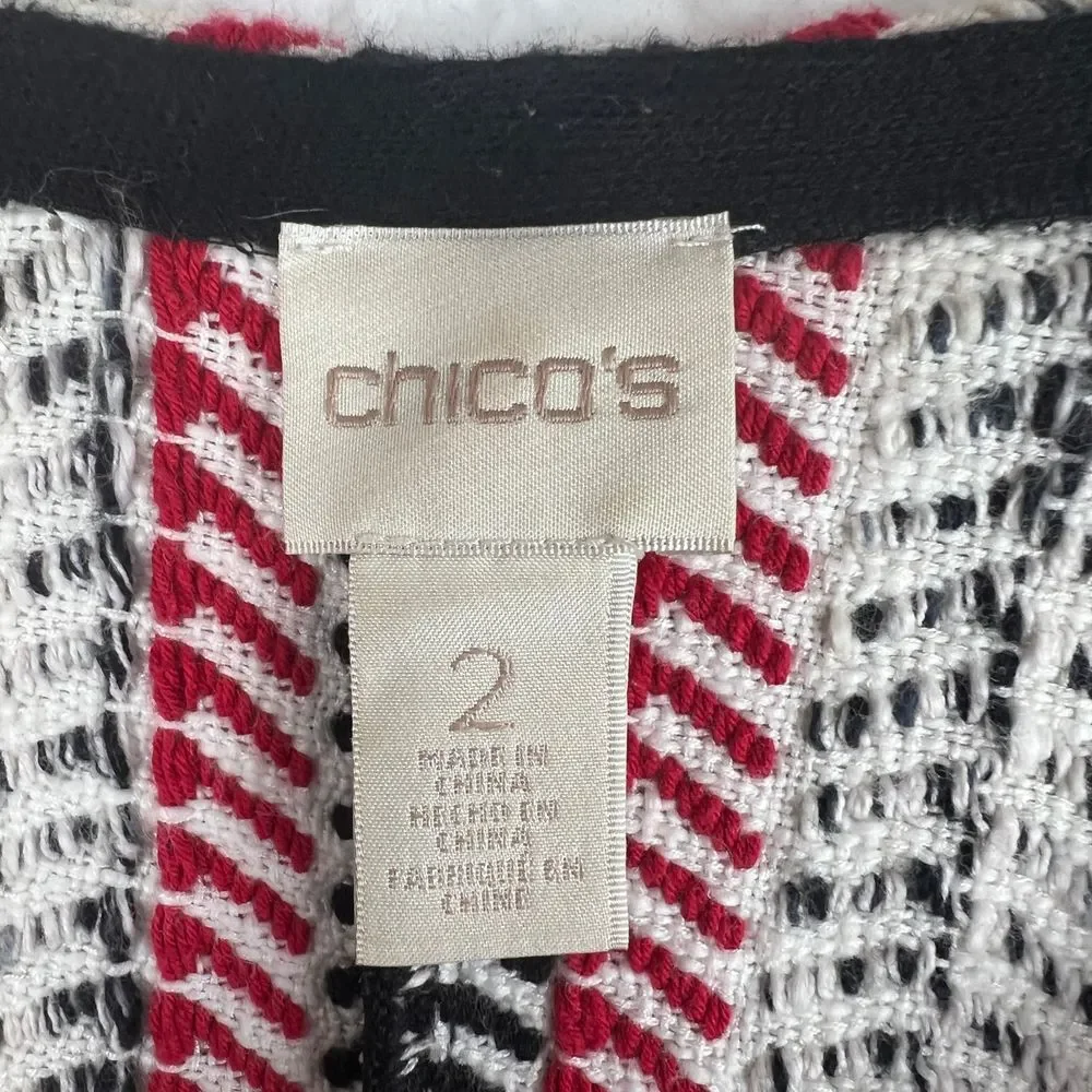CHICOS Red‎ Black Asymmetrical Full Zip Textured Bold Moto Sofia Cardigan Size 2